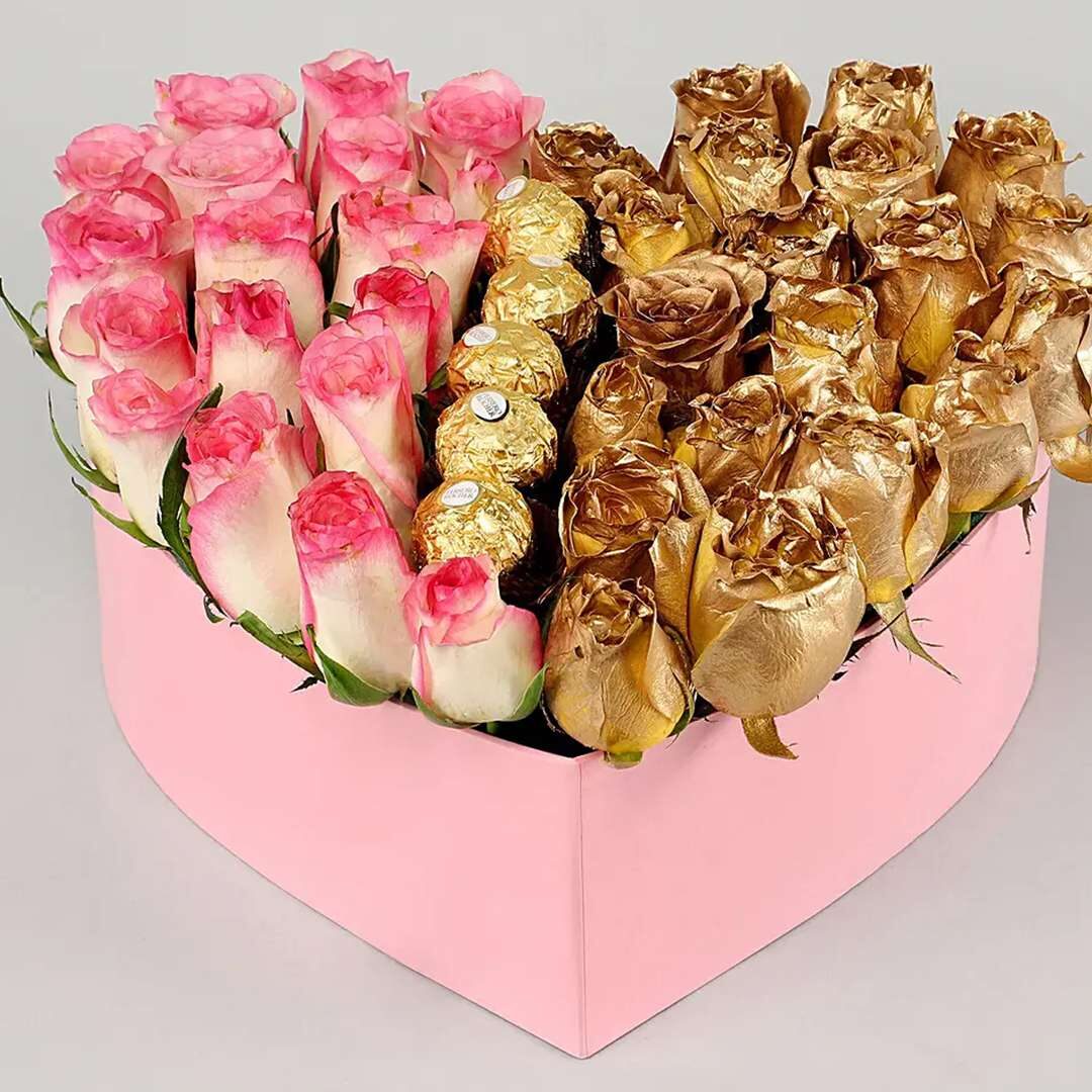 Pink & Gold Roses Extravaganza In Heart Shaped Box