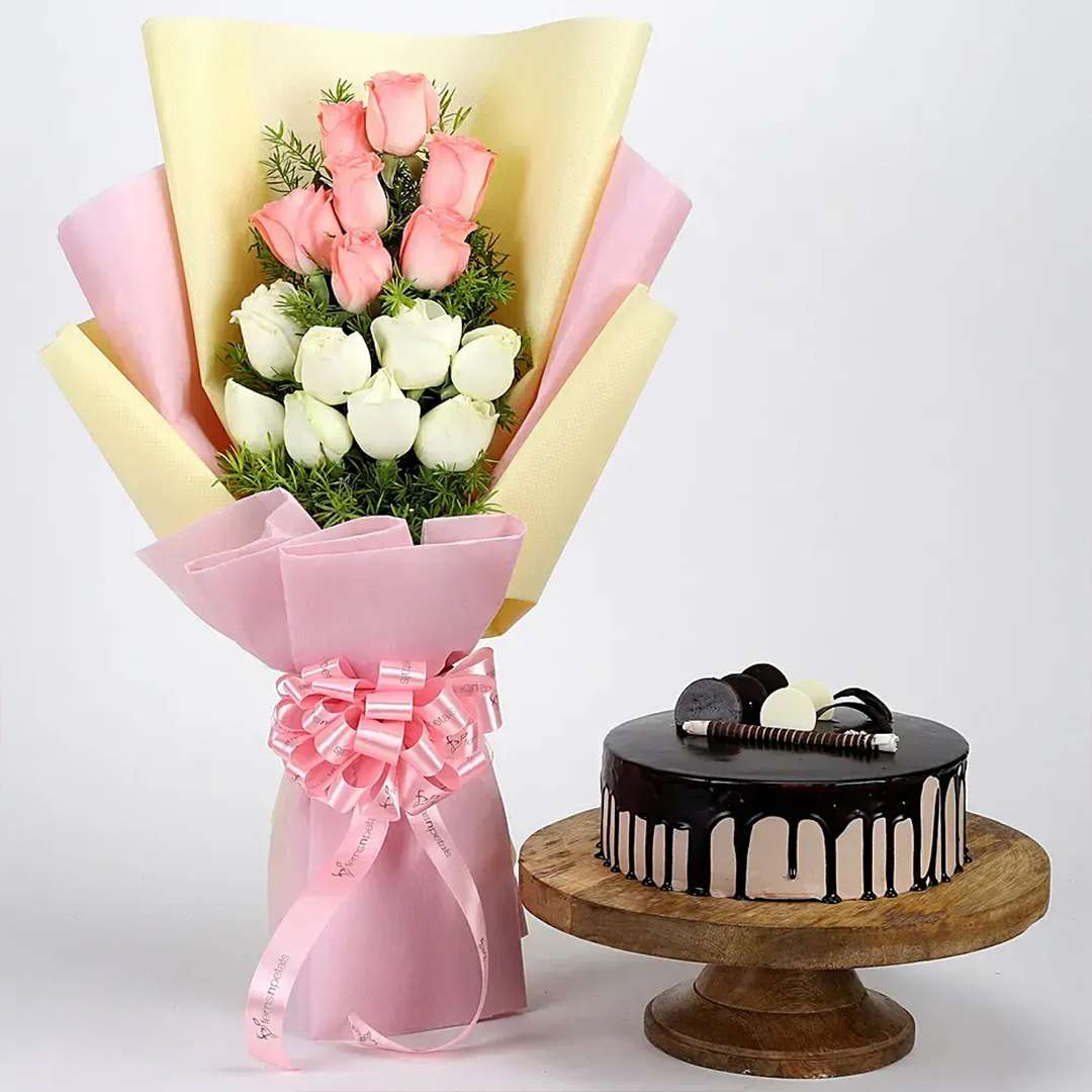 Pink & White Roses & Choco Cream Cake