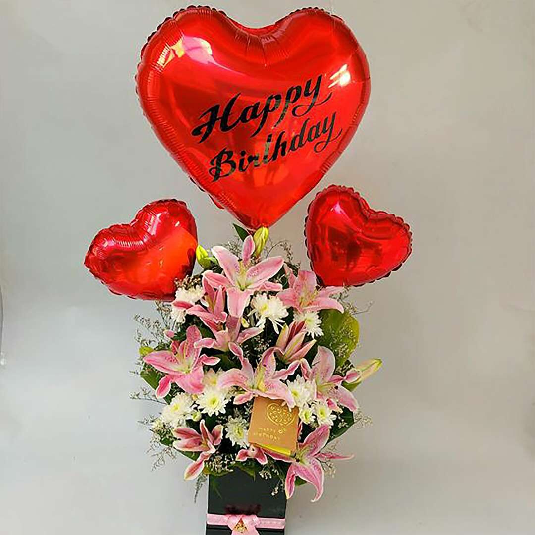 Premium Box of Flower with Heart Shape Foil Balloon