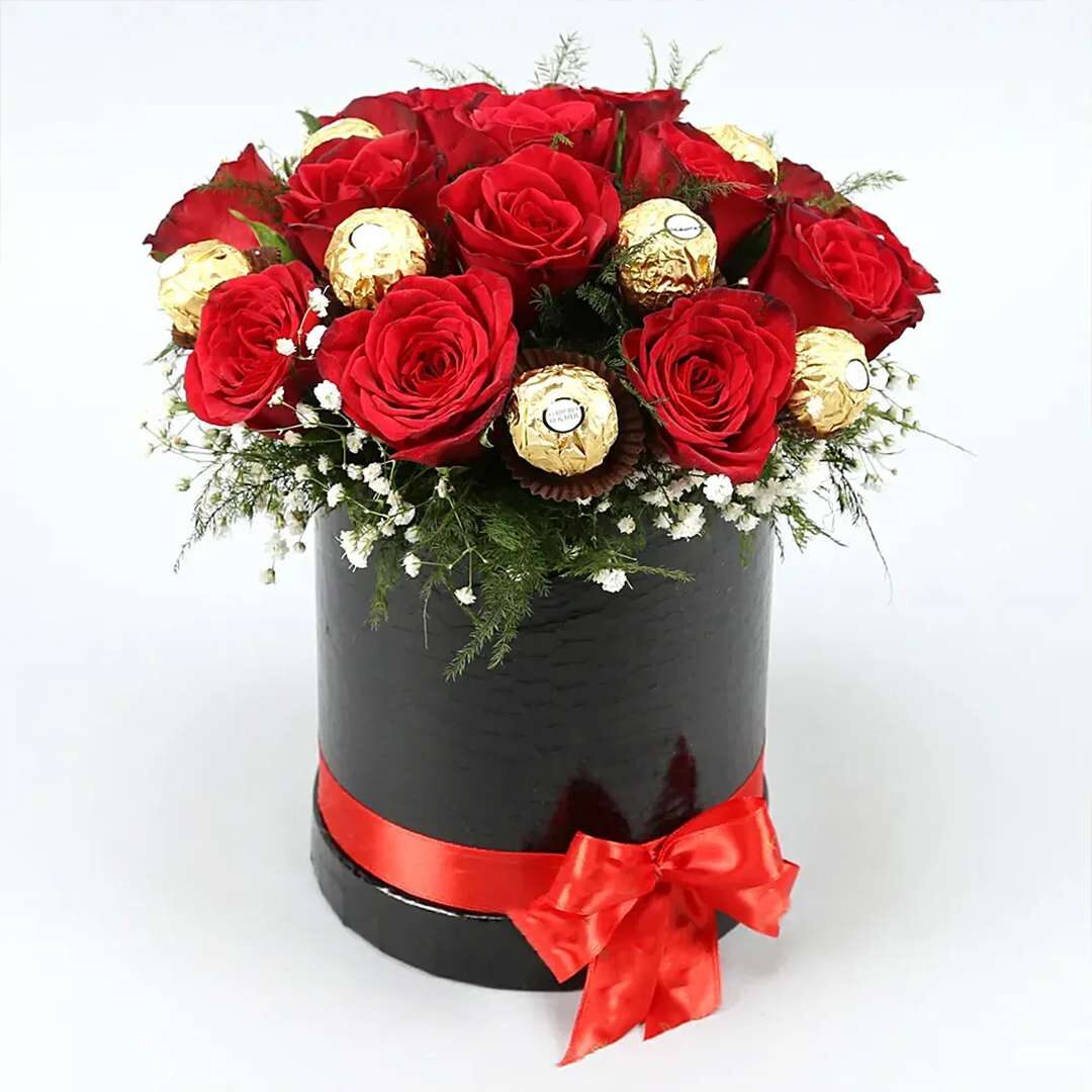 Red Roses & Ferrero Rocher Arrangement In Round Box
